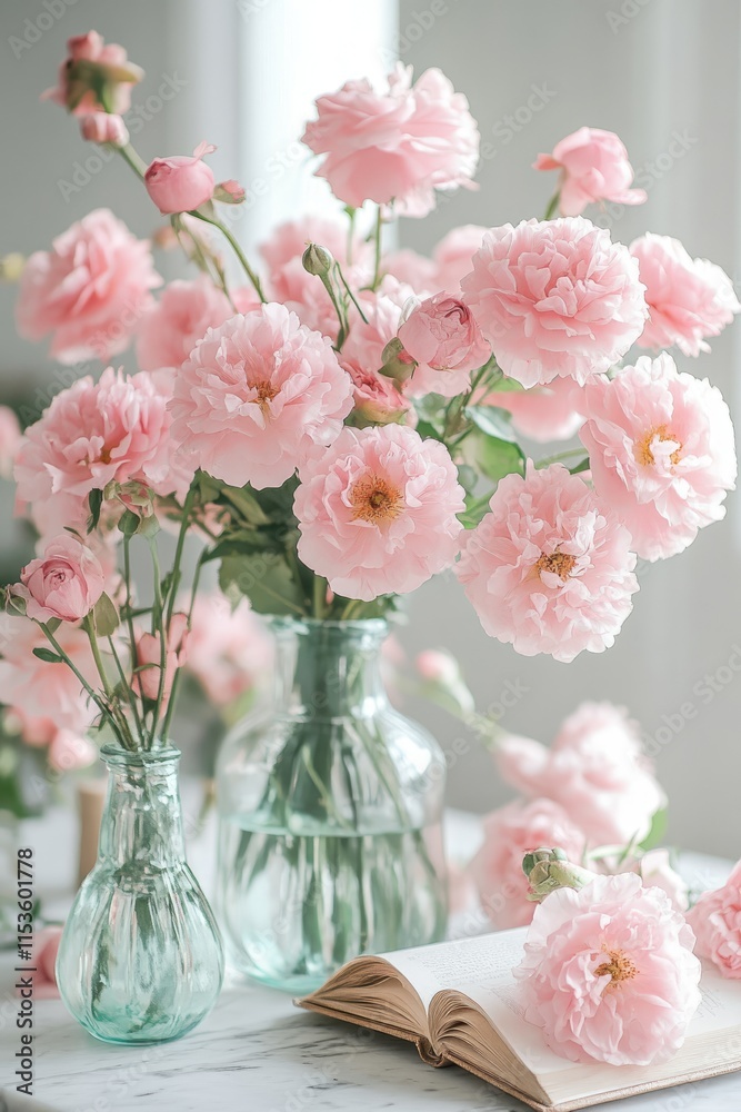 Pink Roses in Glass Vases with Open Book on Marble Table Top Pink Roses in Glass Vases with Open Book on Marble Table Top