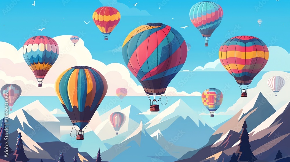 Obraz premium A cartoon illustration of many hot air balloons floating in a blue sky with white clouds.
