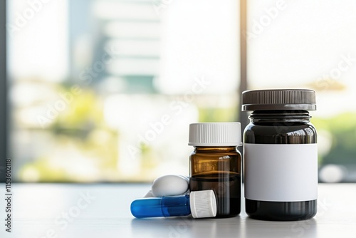 Chemical bottle containing methylene blue for surgical staining and antiseptic purposes on a bright surface photo