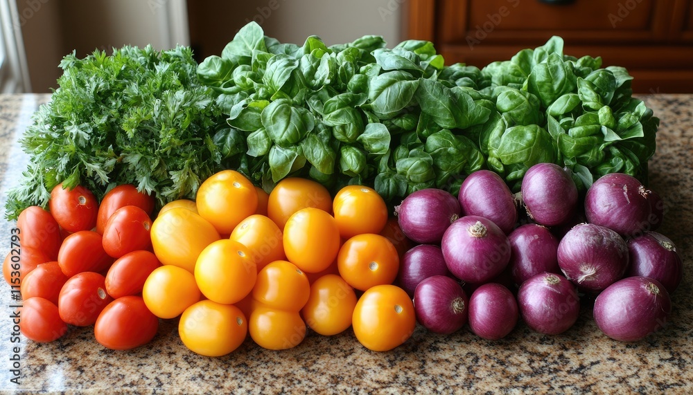 Colorful Fresh Vegetables Display on Kitchen Countertop with Parsley and Onions Colorful Fresh Vegetables Display on Kitchen Countertop with Parsley and Onions