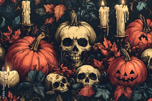 Skulls surrounded by pumpkins, dripping candles, and autumn leaves in a moody Halloween arrangement with a dark gothic vibe photo