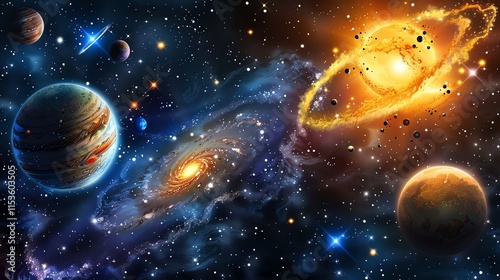 An illustration of a colorful outer space scene with planets, stars and a galaxy.