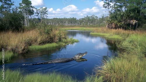 American Alligator swimming in marsh at Orlando Wetland Park, Florida.