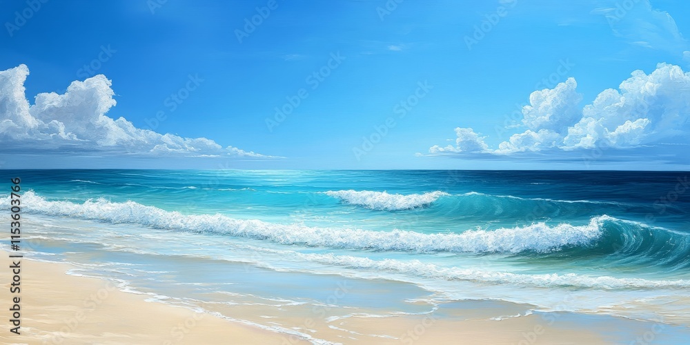 Obraz premium Tranquil beach scene featuring a serene ocean and a clear blue sky, ideal for capturing the essence of a peaceful beach atmosphere with ocean waves and endless blue vistas.