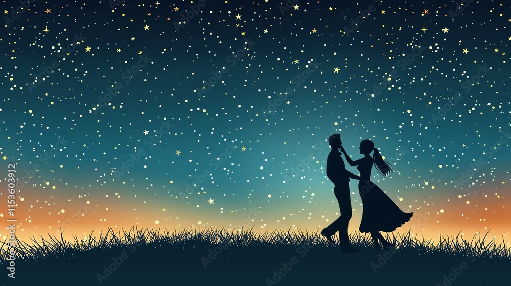 A couple dances in a field under a starry sky. A couple dances in a field under a starry sky.