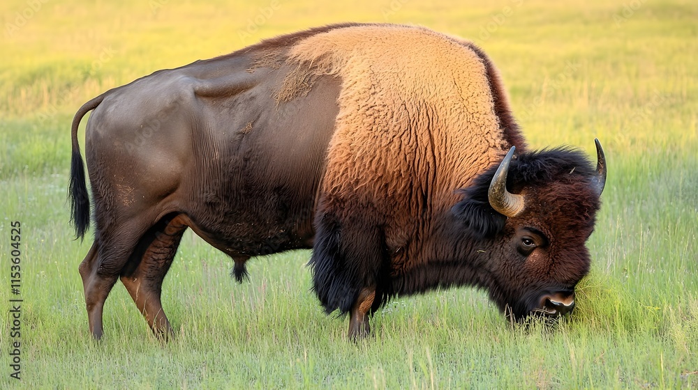 American bison, aka buffalo, eating grass on the prairie at sunset American bison, aka buffalo, eating grass on the prairie at sunset