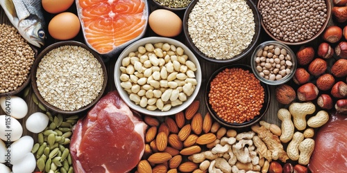 High protein food options for bodybuilders include a variety of sources such as meat, fish, dairy, eggs, buckwheat, oatmeal, nuts, beans, pumpkin seeds, and sunflower seeds--viewed from above.