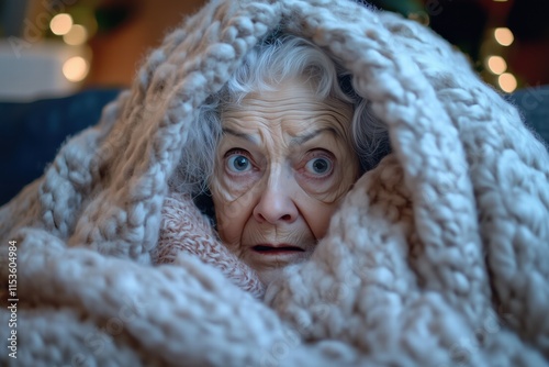 An elderly woman with wide eyes looks surprised or frightened while wrapped in a thick, cozy blanket. The background is softly lit, creating a warm atmosphere. 