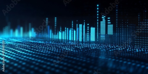 Abstract technology background featuring a blue digital audio equalizer set against an edge and free space. This blue digital audio equalizer highlights modern computer graphics in design.