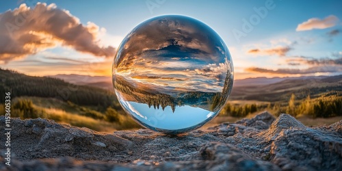 Landscape reflection captured in a crystal ball, showcasing the unique view of an upside down landscape. The crystal ball beautifully enhances the upside down landscape s intriguing details.