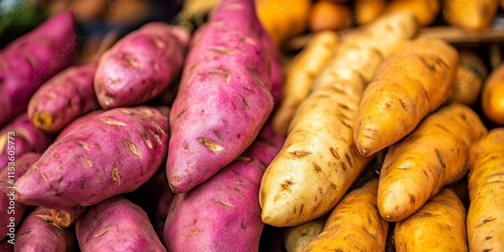 Full frame sweet potatoes displayed prominently at a vibrant market, showcasing fresh sweet potatoes in various sizes and colors, perfect for culinary creations and healthy eating. Full frame sweet potatoes displayed prominently at a vibrant market, showcasing fresh sweet potatoes in various sizes and colors, perfect for culinary creations and healthy eating.