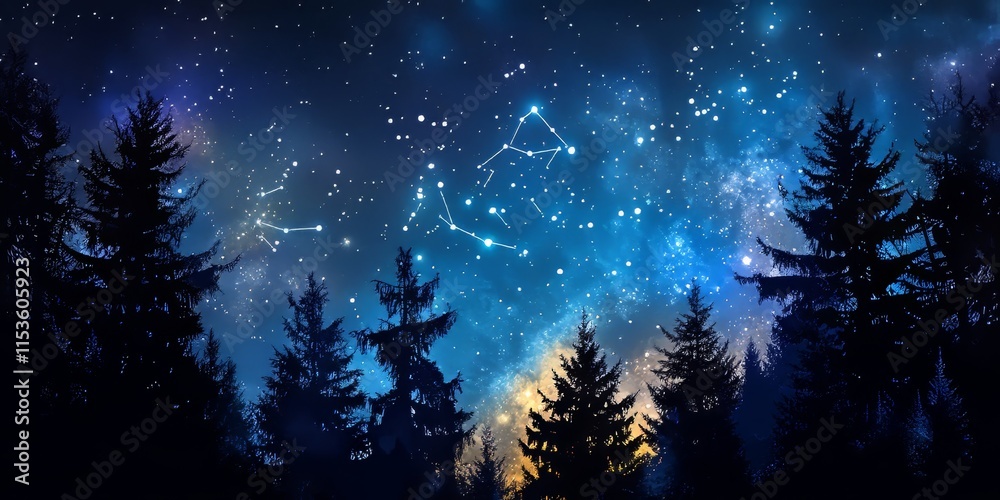 Stars illuminate the night sky, creating a captivating view over dark tree silhouettes, with the constellation Ursa Major prominently displayed amidst the stars in the night sky. Stars illuminate the night sky, creating a captivating view over dark tree silhouettes, with the constellation Ursa Major prominently displayed amidst the stars in the night sky.
