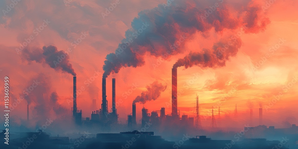 Industrial pollution leads to smog that blankets the sky above natural landscapes, impacting air quality and the beauty of these pristine environments.