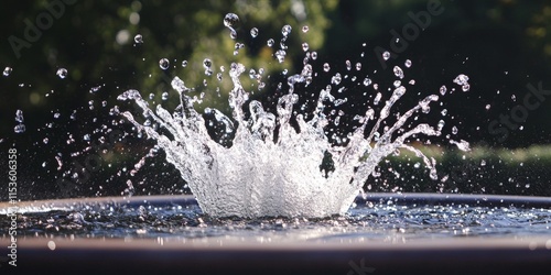 Dynamic freeze frame capturing water splashing dramatically from a fountain, showcasing the beauty of the fountain s movement and the mesmerizing water splashes. photo