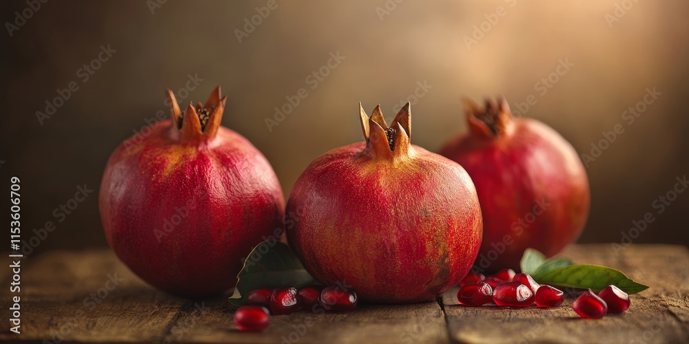 Fresh ripe pomegranate fruits displayed on a rustic wooden background, highlighting the natural beauty and texture of ripe pomegranate in stunning macro detail. Perfect for food photography. Fresh ripe pomegranate fruits displayed on a rustic wooden background, highlighting the natural beauty and texture of ripe pomegranate in stunning macro detail. Perfect for food photography.