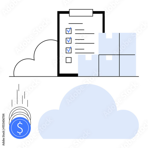 Clipboard with checklist, stacked boxes, and falling coins signifying efficient inventory management. Ideal for logistics, ecommerce, warehouse management, financial planning, supply chain