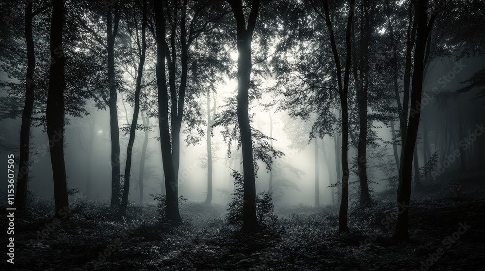 Mysterious Foggy Forest with Enlightening Rays Through Trees Mysterious Foggy Forest with Enlightening Rays Through Trees