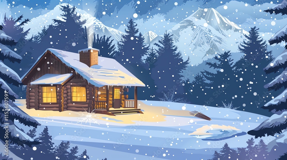 A cozy cabin in a snowy, mountainous forest with a starry night sky. A cozy cabin in a snowy, mountainous forest with a starry night sky.