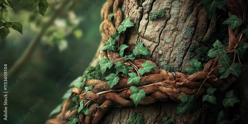Fototapeta premium Close up of a tree trunk adorned with vine foliage, showcasing the intricate details of the vine as it braids around the trunk, celebrating the beauty of nature s vine and foliage.