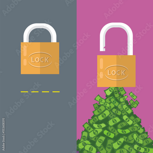 Unlocked padlocks Financial bank flows out a lot of money. Flat, Vector, Illustration, Cartoon, EPS10.  