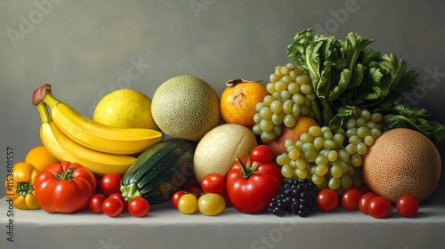 Fototapeta Naklejka Na Ścianę i Meble -  A variety of fresh fruits and vegetables including tomatoes, zucchini, melons, bananas, and grapes arranged together, creating a vibrant still life that emphasizes healthy food choices.