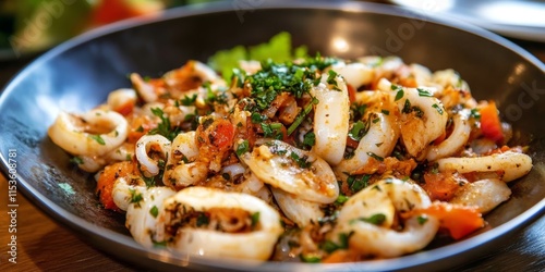 Roasted calamari in padella highlights the essence of Mediterranean cuisine, featuring tender squids with vibrant vegetables for a delightful seafood experience. Enjoy the delicious calamari dish. photo