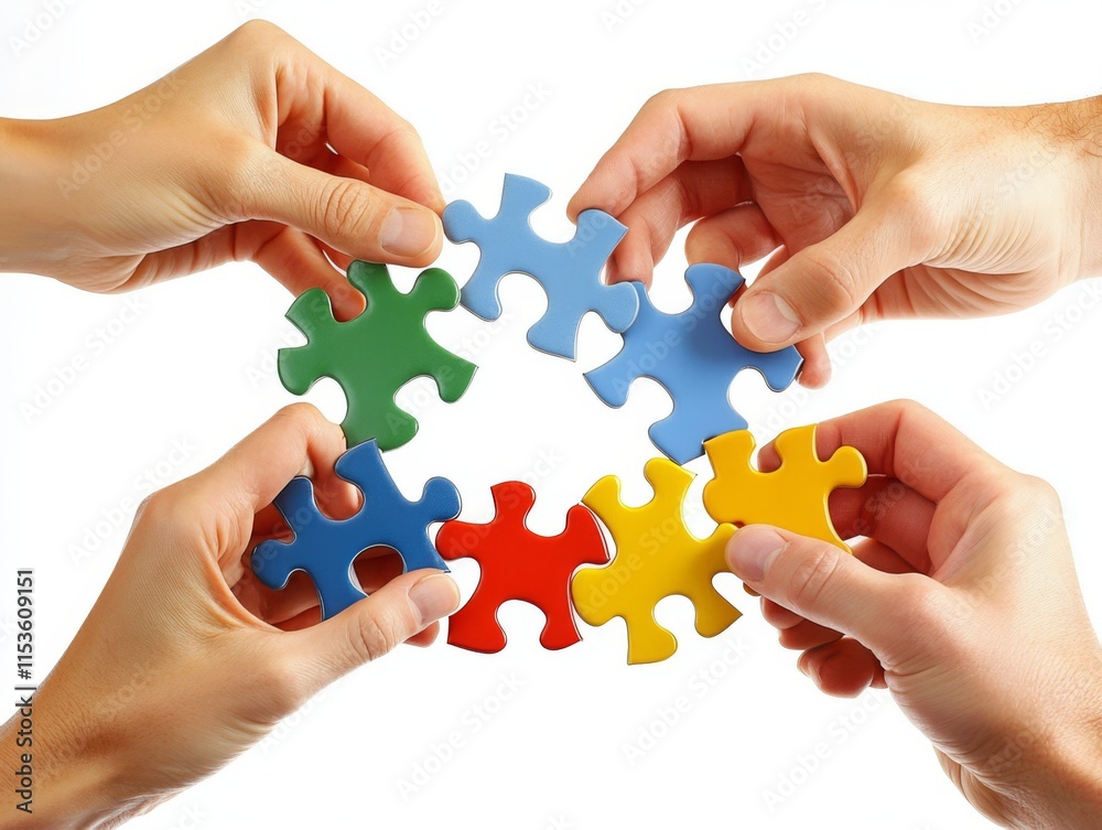 Hands Holding Colorful Puzzle Pieces Together Hands Holding Colorful Puzzle Pieces Together