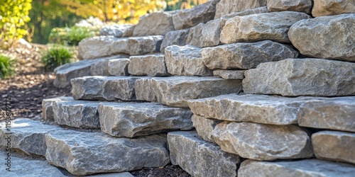 Detailed view of a stone retaining wall showcasing the unique textures and patterns, emphasizing the craftsmanship involved in creating a stone retaining wall. Explore the beauty of stone retaining