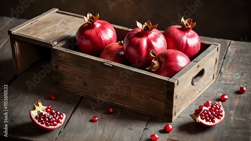 Ripe pomegranate  In Wooden Box On The Vintage Table photo