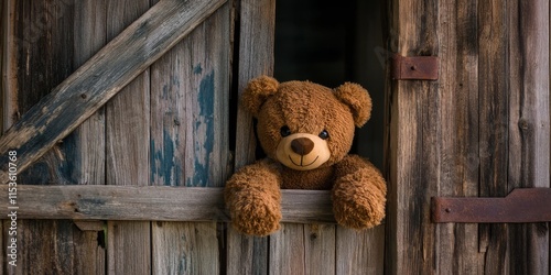 Big brown teddy bear peeking from behind a rustic wooden barn door, creating an inviting and whimsical atmosphere with the big brown teddy bear s charm and playful presence. photo