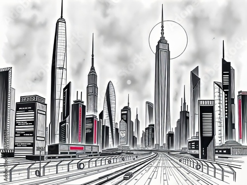 Design a futuristic cityscape with Ballpoint Art, featuring sleek skyscrapers, neon lights, and a dystopian feel, with a focus on architecture and city design