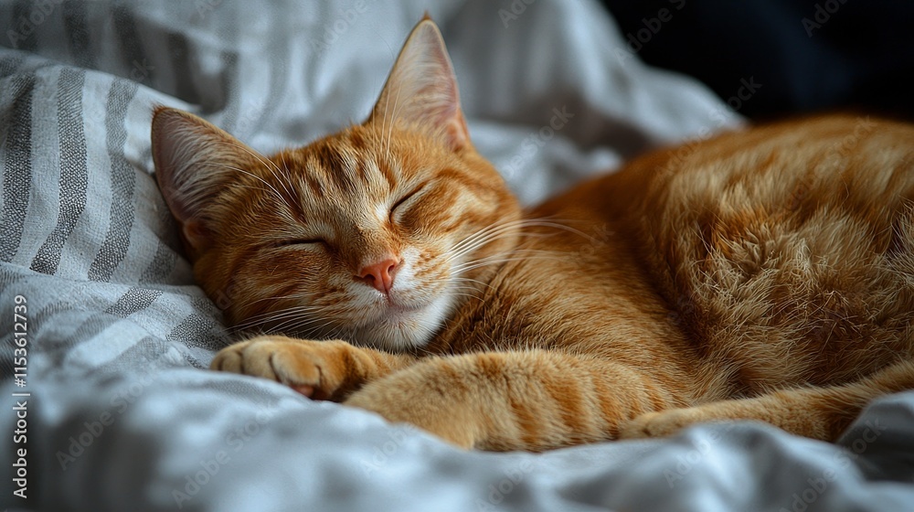 Sleepy ginger cat resting on soft bedding Sleepy ginger cat resting on soft bedding