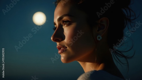 A young woman gazes pensively into the night, illuminated by a bright moon. Her profile is highlighted, showcasing her delicate features and a small flower-shaped earring.