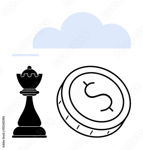 Chess king, coin with dollar sign, blue cloud in background. Ideal for business planning, strategy development, financial growth, market analysis, decision-making, investment strategies corporate