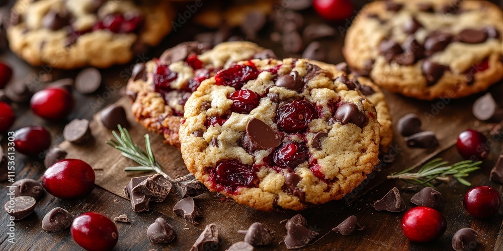 Fototapeta premium Indulgent cookies featuring rich chocolate chips and vivid red cranberries, offering a delightful combination of melting chocolate and tart berry flavor throughout.