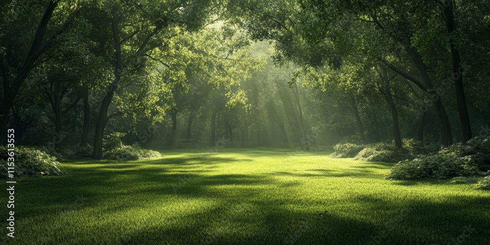 Obraz premium Lush green clearing featuring vibrant grass and trees with dark green branches, creating a serene atmosphere in this beautiful green clearing for nature lovers and outdoor enthusiasts.