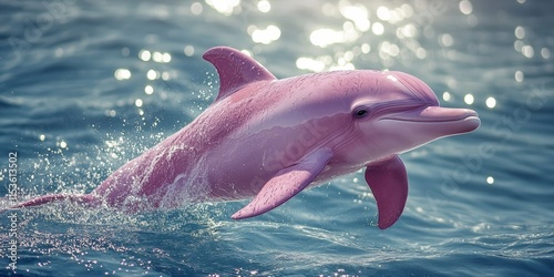 Playful pink dolphin swimming gracefully in the sea, showcasing its vibrant coloration and agility as it glides through the sparkling water of the ocean, captivating onlookers with its beauty.