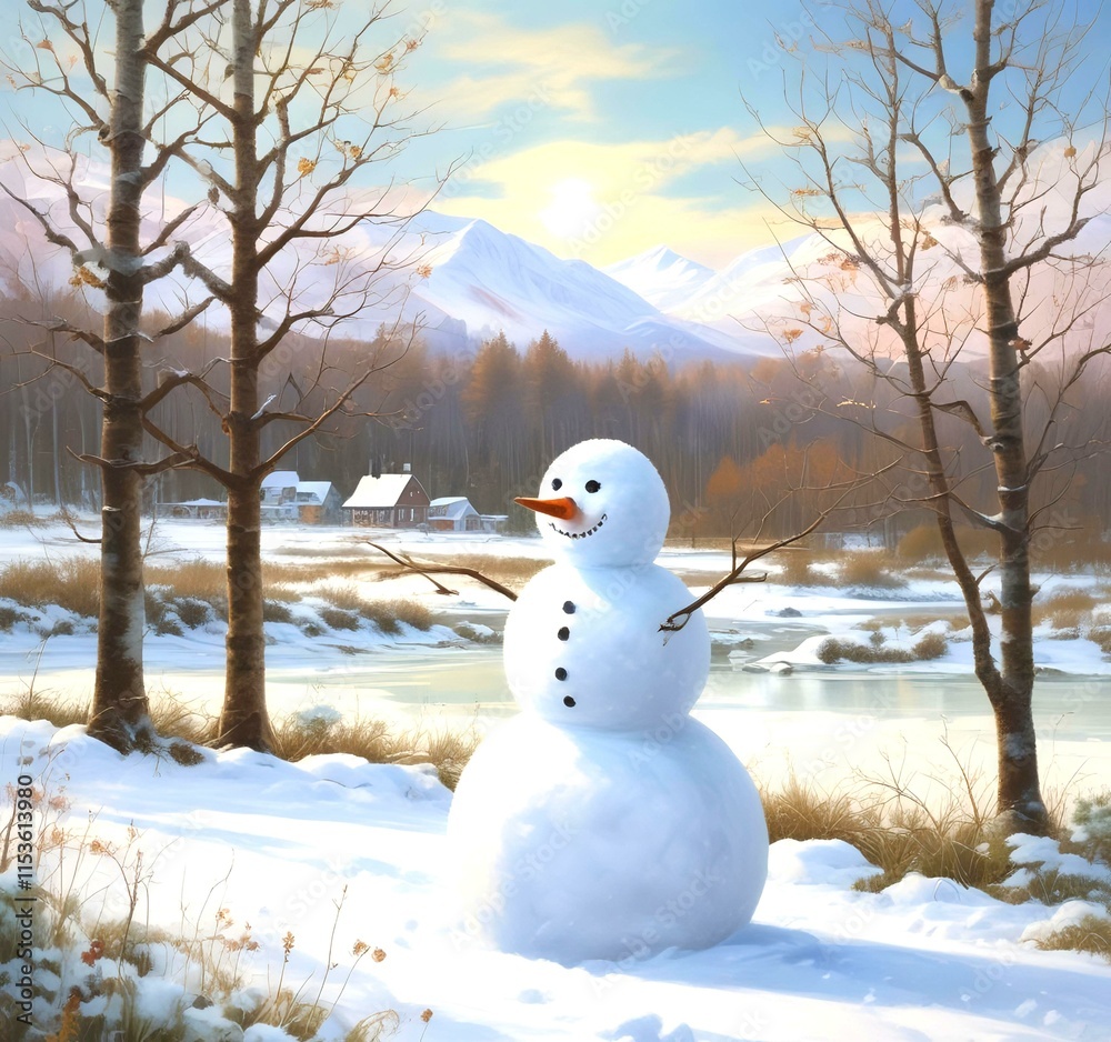 Obraz premium Illustration of snowman with winter landscape.