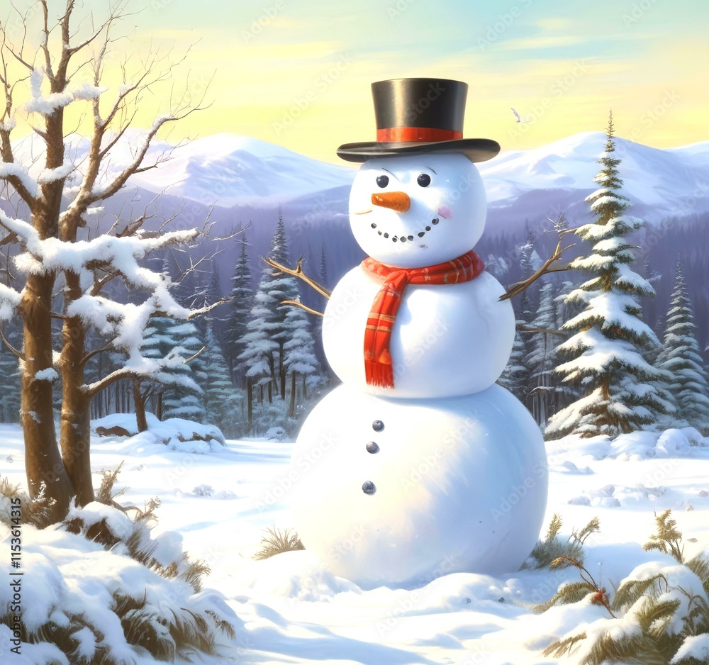 Obraz premium Illustration of snowman with winter landscape.
