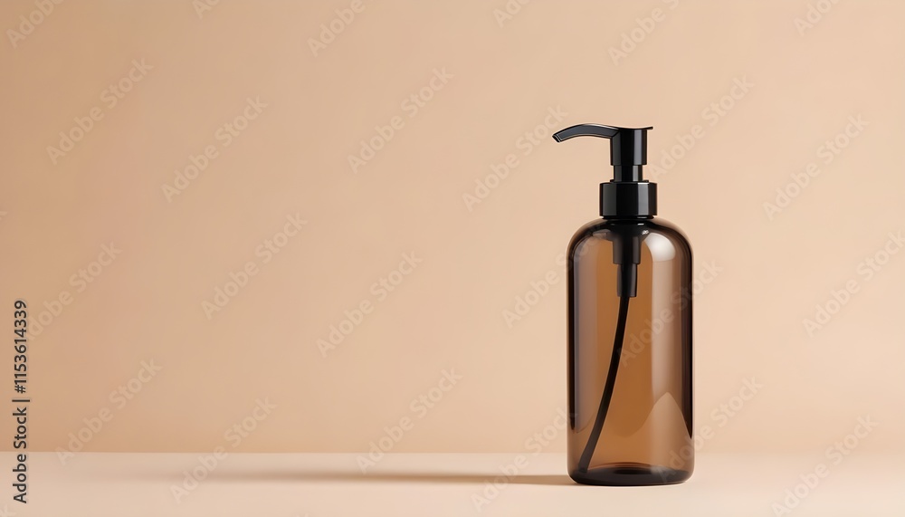 A glass bottle with a black pump dispenser on a beige background A glass bottle with a black pump dispenser on a beige background