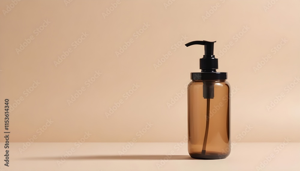 A glass bottle with a black pump dispenser on a beige background A glass bottle with a black pump dispenser on a beige background
