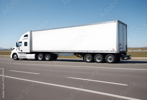 A large white semi-trailer truck on a highway with a clear blue sky in the background