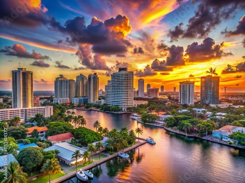 Stunning Fort Lauderdale Skyline at Sunset, Cityscape Panorama, Florida Coastline