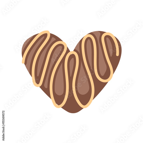 Heart shaped chocolate candy in mocha mousse color with caramel drizzle in flat style. Perfect for Valentines Day, romantic theme and delicious dessert design.