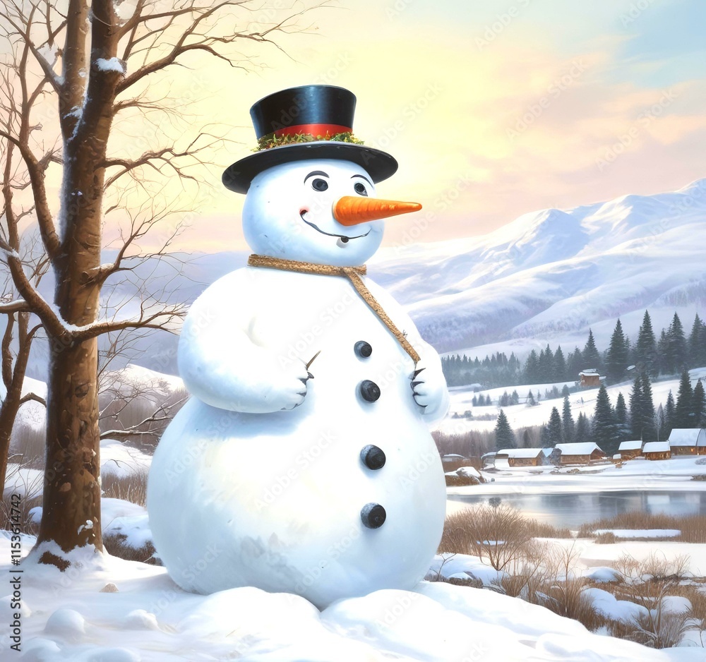 Obraz premium Illustration of snowman with winter landscape.