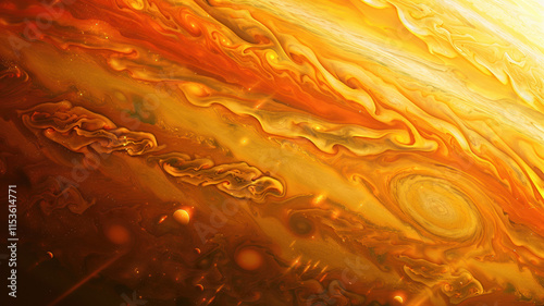 The surface of the gas giant Jupiter is a vast expanse of swirling gases, with no solid ground, just an endless sea of thick, orange-hued clouds and turbulent gas clouds filling the atmosphere. photo