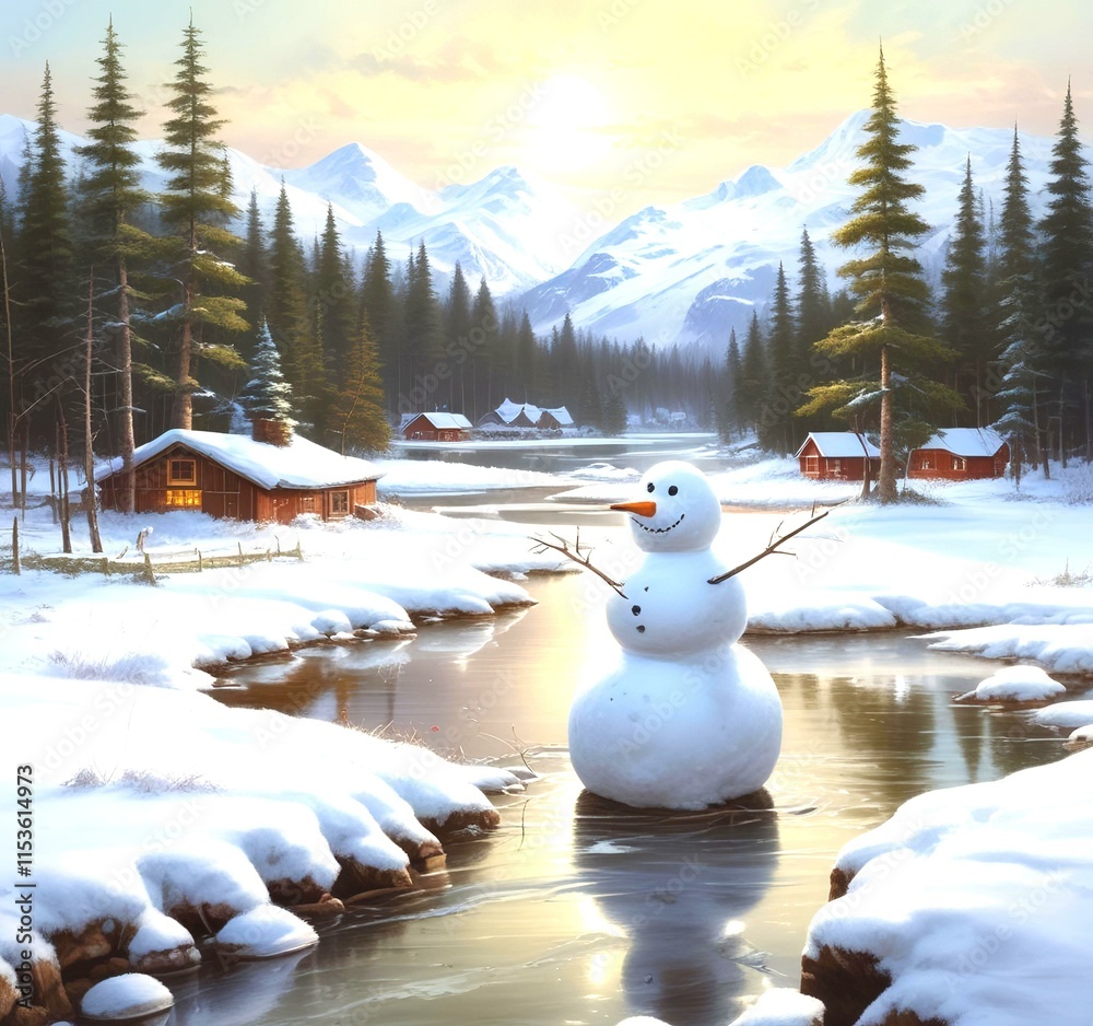 Fototapeta premium Illustration of snowman with winter landscape.