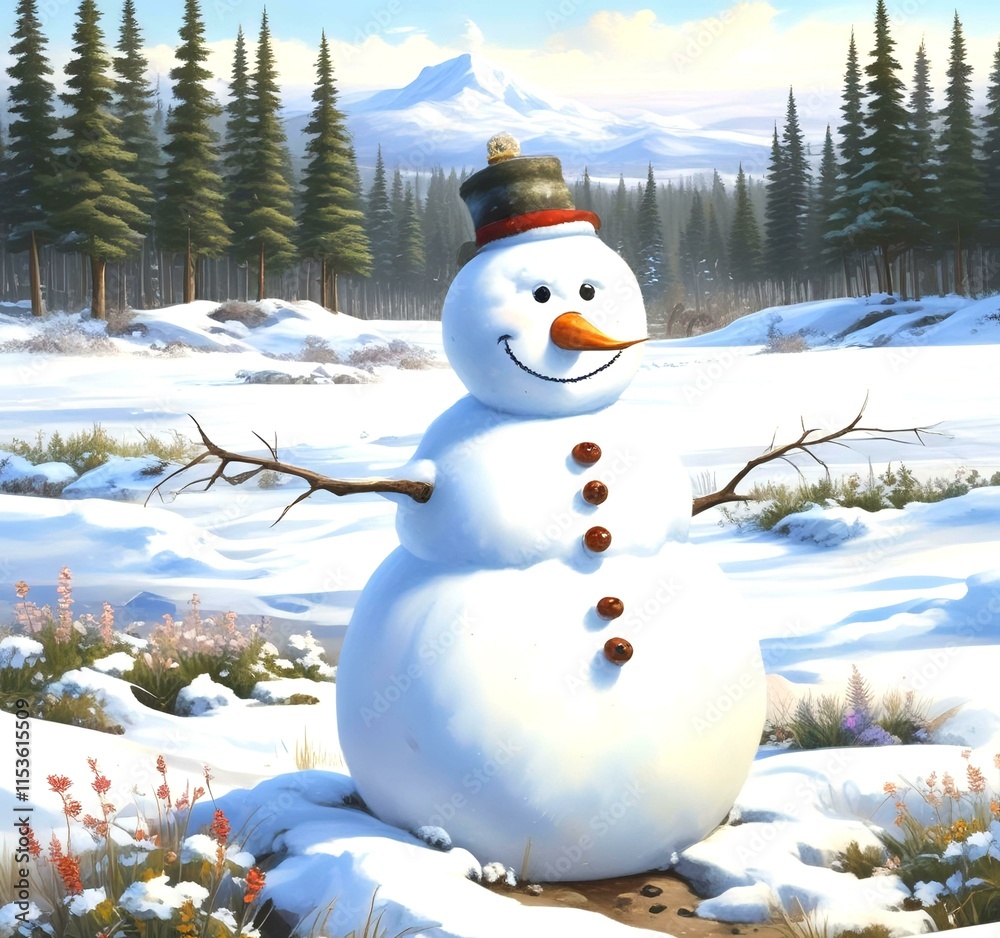 Obraz premium Illustration of snowman with winter landscape.