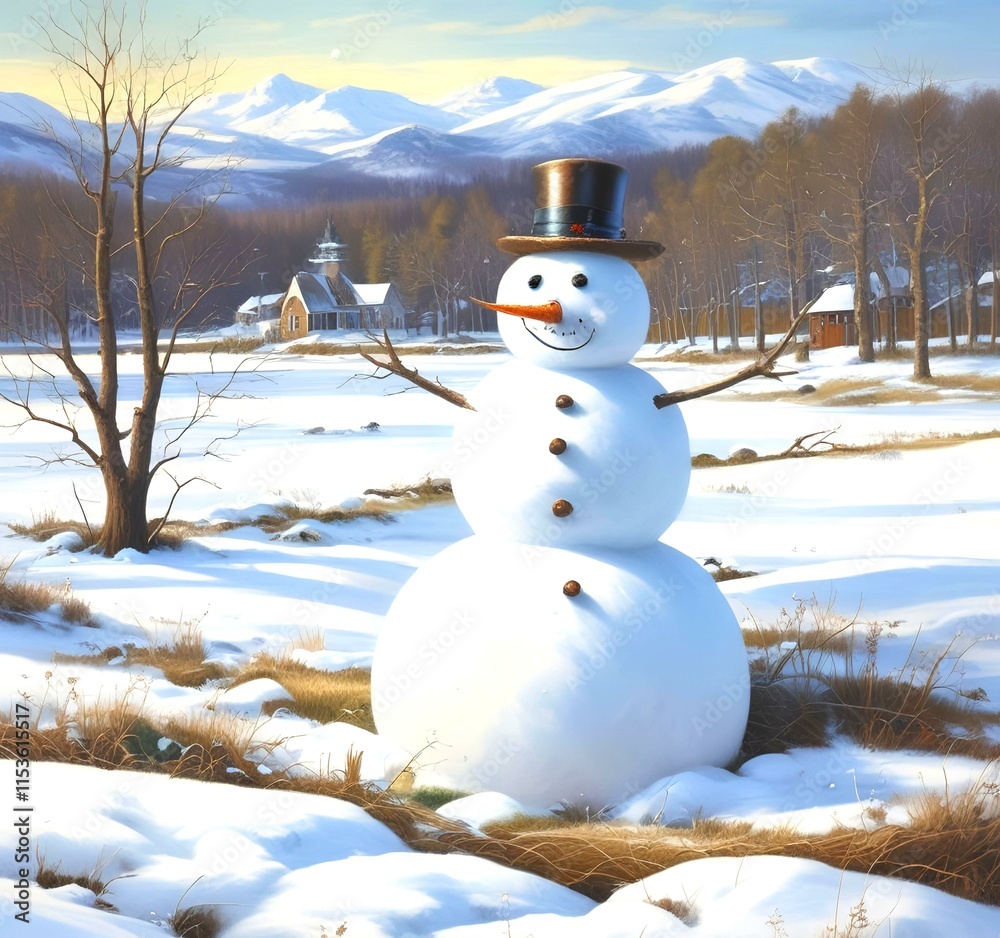 Obraz premium Illustration of snowman with winter landscape.