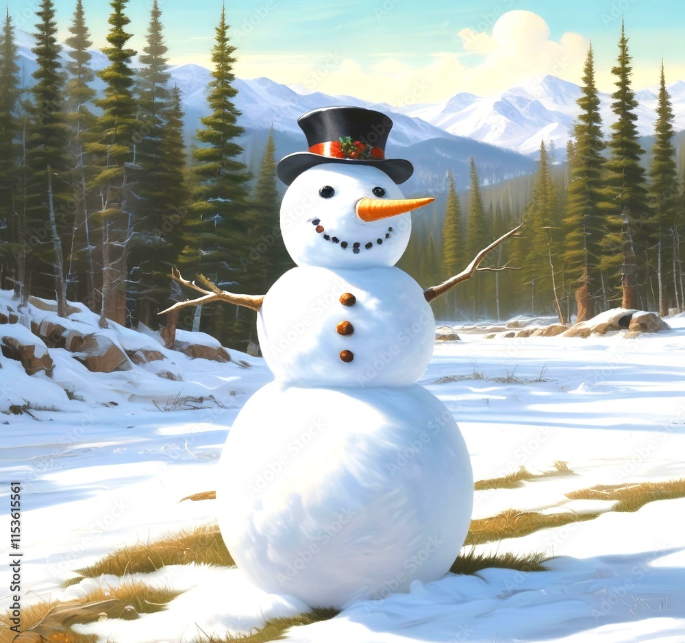 Obraz premium Illustration of snowman with winter landscape.